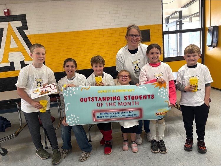Our March teacher and students of the Month left to right are Sabe Williams, Lauryn Bayless, Cameron Stanley, Sterling Royal, Julie Thomas, Norah Bryant, and Jackson Helfenbein. 